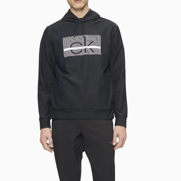 NWT Men’s Medium Calvin Klein Linear Logo Prints Drawstring Hoodie In Black - Picture 2 of 11